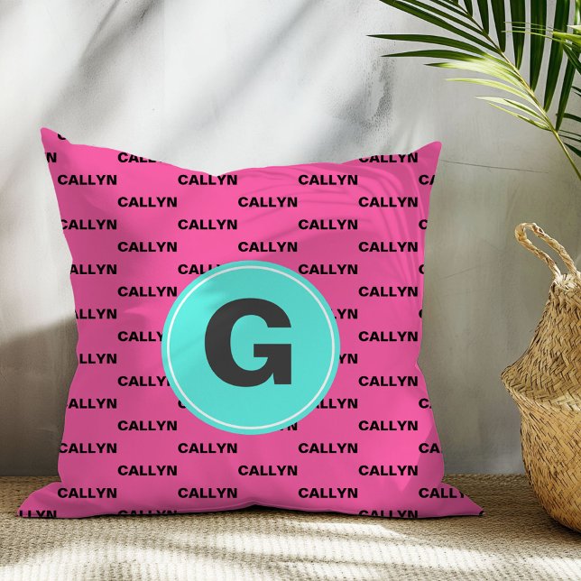 Varm pink namnmönster monogram kastkudde kudde (Skapare uppladdad)