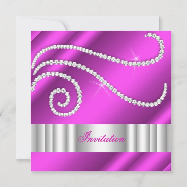 Varm Pink Vita Juvel Diamanter Silver Födelsedag Inbjudningar (Framsida)