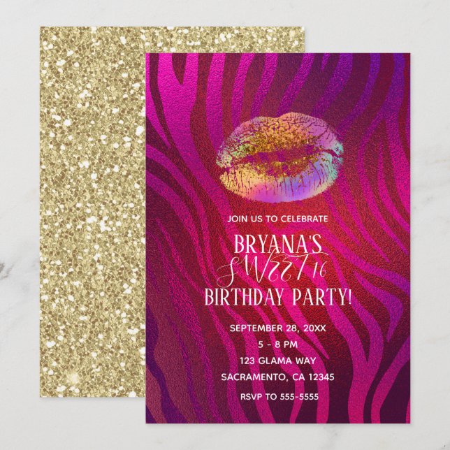 Varm Pink Zebra Regnbåge Guld Glitter Läpp Party Inbjudningar (Fram/baksida)