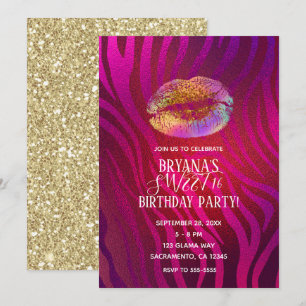 Varm Pink Zebra Regnbåge Guld Glitter Läpp Party Inbjudningar
