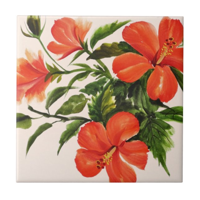 Varm röd hibiskus kakelplatta (Framsidan)