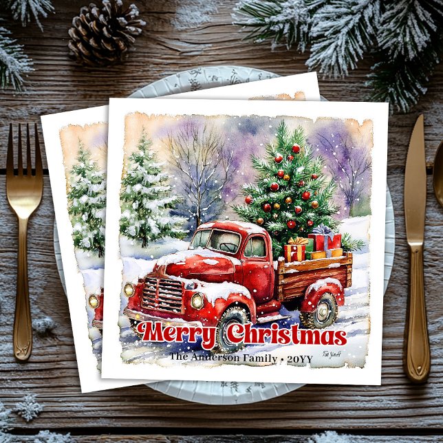 Varm röd lastbil jul scen rustik pappersservett (Warm red truck Christmas scene rustic paper napkin)