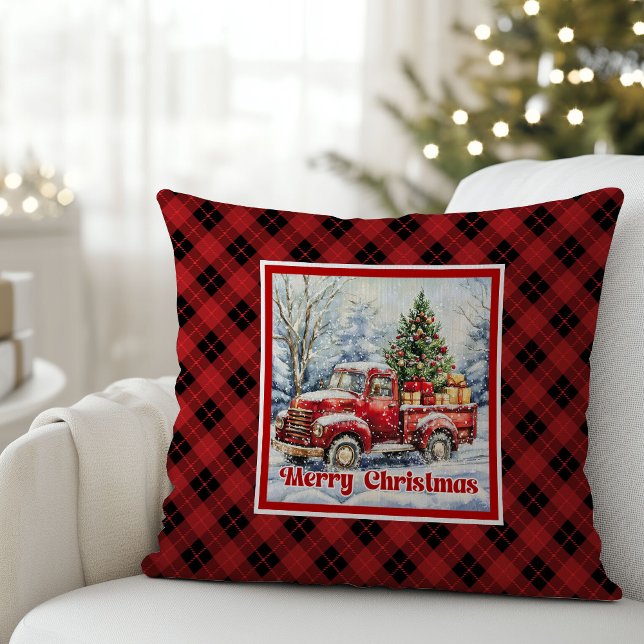 Varm röd lastbil vinter scen rustik röd grön  kudde (Warm red truck winter scene rustic red green pillow decor

)