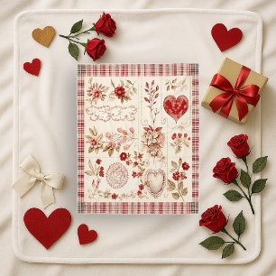 Varm röd vintage blomsterhjärtat lapptäcke fleecefilt