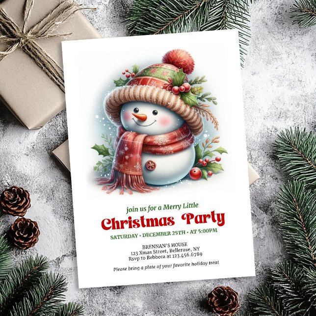 Varm rolig snöman inbjudan utskrivbar röd grön  (Warm funny snowman invitation printable red green artwork

)