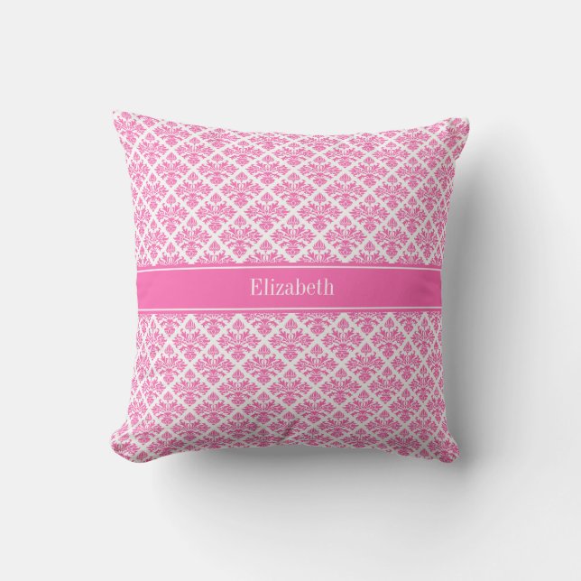 Varm Rosa 2 Vit Damask #3 Varm Rosa Namn Monogram Kudde (Framsida)