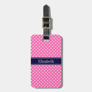 Varm Rosa #2 Vita Prickar Marinblå Namn Monogram Bagagebricka