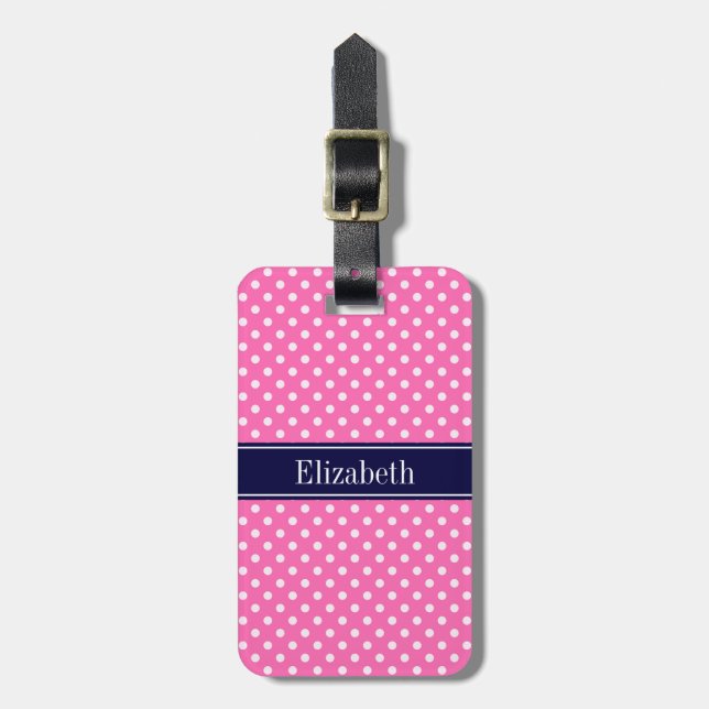 Varm Rosa #2 Vita Prickar Marinblå Namn Monogram Bagagebricka (Vertikal Framsida)