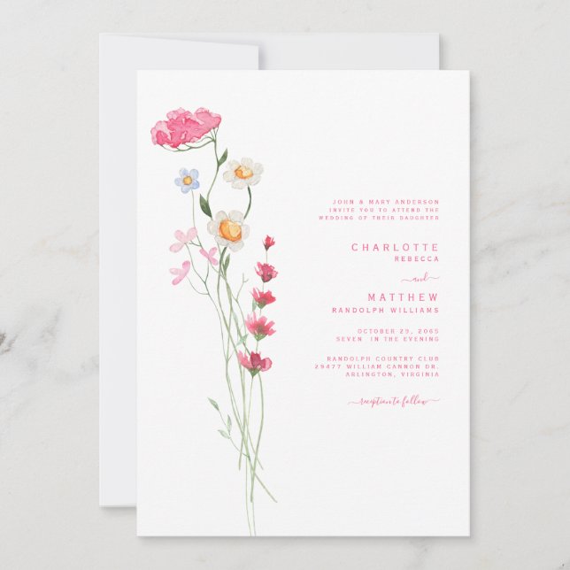 Varm rosa akvarell vildblomma bröllop II Inbjudningar (Framsida)