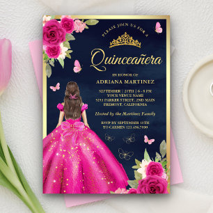 Varm rosa blomsterfjäril marin guld Quinceanera Inbjudningar