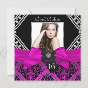 Varm rosa diamantbåge & svart damast foto Sweet 16 Inbjudningar