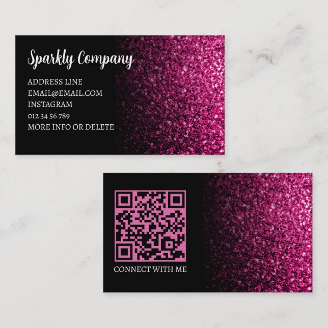 Varm rosa falskt glitter gnistrar svart QR-kod Visitkort (Fram/baksida)