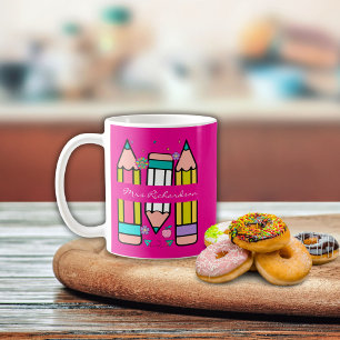 Varm rosa färgglad lärarens namnpenna tecknad seri kaffemugg