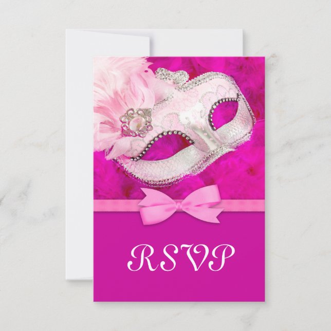 Varm rosa fjädermaskerad firande RSVP OSA Kort (Framsida)