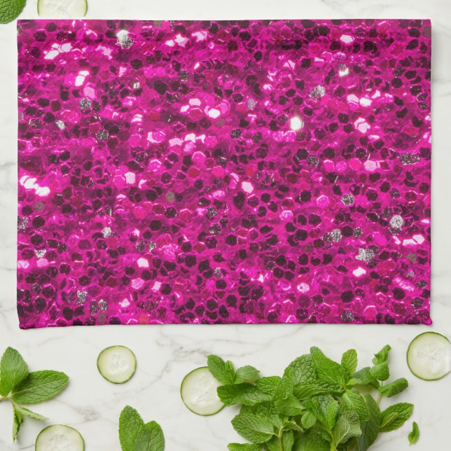Varm rosa gnistrande falskt glitter kökshandduk (Vikta)