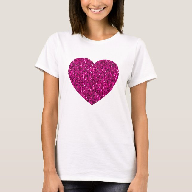 Varm rosa gnistrande falskt glitterhjärta t shirt (Framsida)