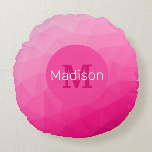 Varm rosa gradient geometrisk nätmönster monogram rund kudde (Framsidan)