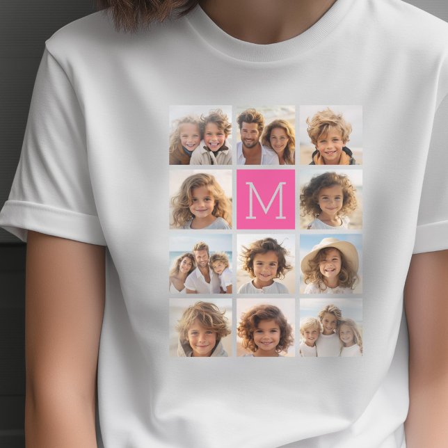 Varm rosa Instagram fotocollage Anpassad monogram Tee Shirt (Custom Photo T-shirt)