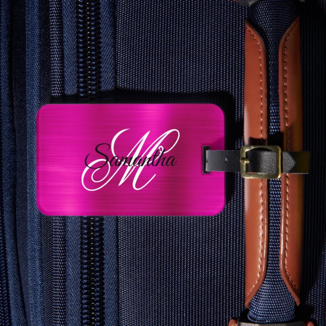 Varm rosa metallisk fin monogram bagagebricka (Framsida Insitu 4)
