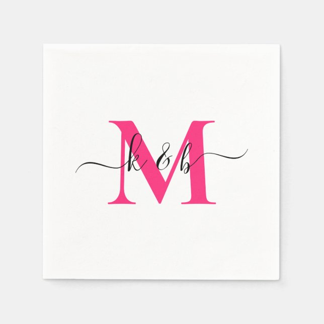 Varm rosa monogram svängande script vit cocktail  pappersservett (Framsidan)