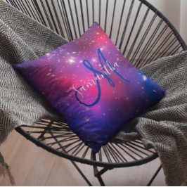 Varm rosa och marinblå himmelsk monogramfoto kudde