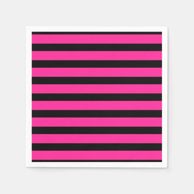 Varm rosa och svart mode randiga ränder fest pappersservett (Framsidan)