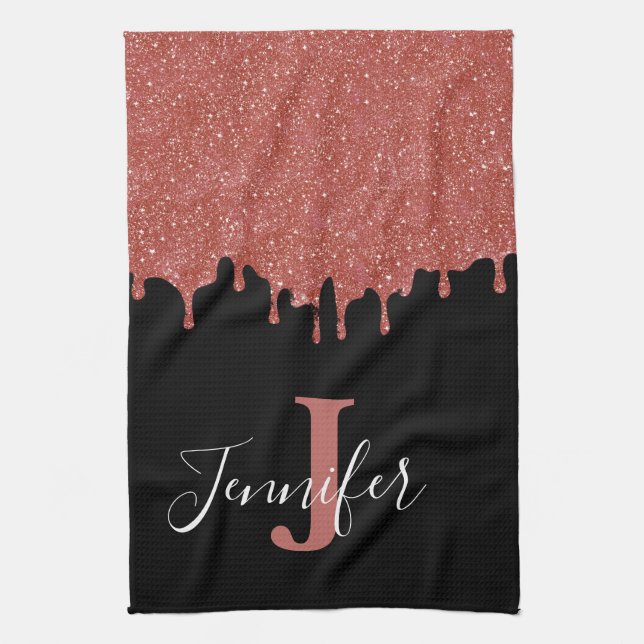 Varm rosa och svart monogram glitterdropar kökshandduk (Vertikal)