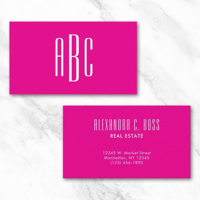 Varm rosa och vit enkel tresiffrig monogram visitkort (Hot Pink and White Simple Three Letter Monogram Business Card)