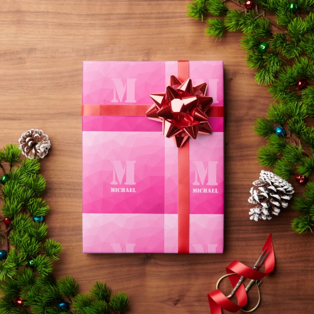 Varm rosa ombré geometriskt nätmönster Monogram Presentpapper (Julgåva)
