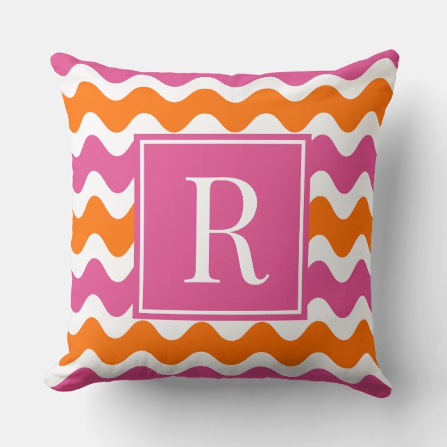 Varm rosa & orange preppy Ric Rac-randig monogram  Kudde (Framsida)