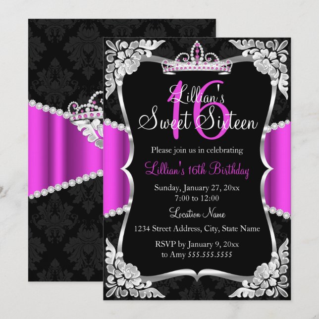 Varm rosa silver svart tiara Sweet 16 inbjudan (Fram/baksida)