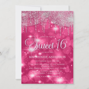 Varm rosa strängljus gnistrar Sweet 16 Inbjudningar