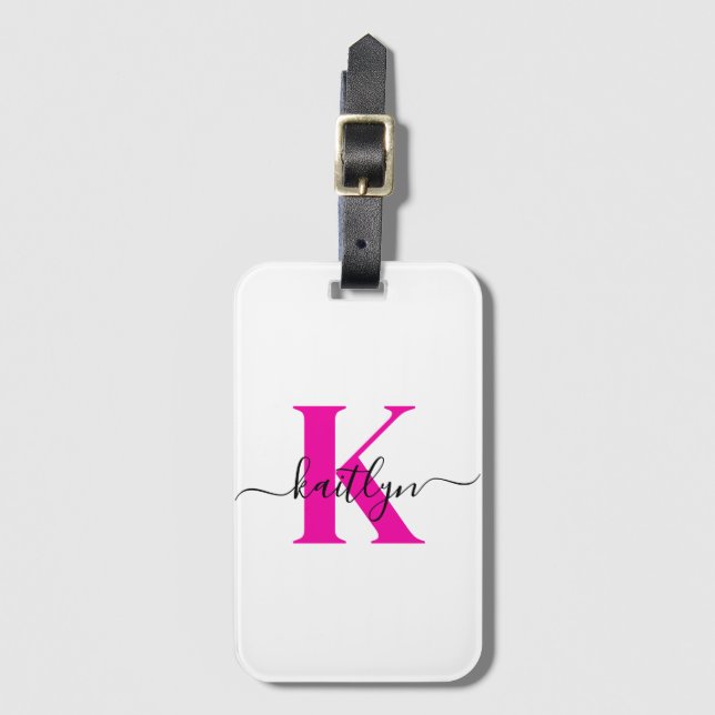 Varm rosa svart initial namnmonogram bagagebricka (Framsida vertikal)