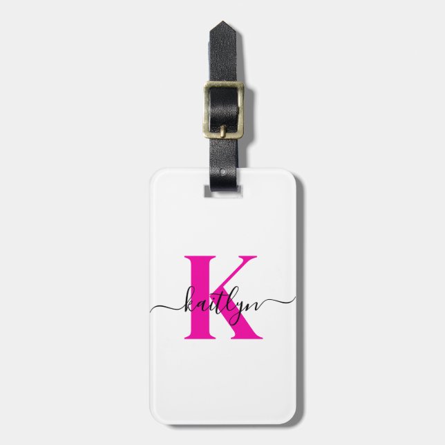 Varm rosa svart initial namnmonogram bagagebricka (Vertikal Framsida)