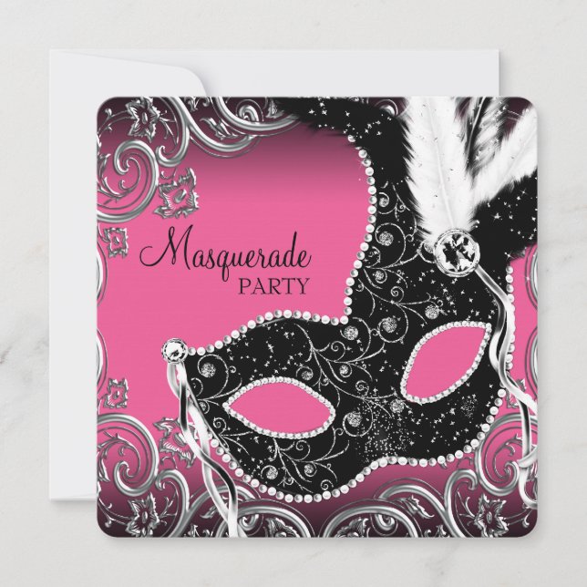Varm rosa svart maskeradfest inbjudningar (Framsida)