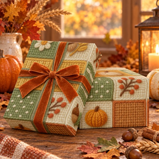 Varm Rustik Höstpatchwork Pumpa Orange Presentpapper (Skapare uppladdad)