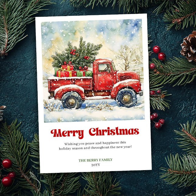 Varm Rustik Röd Lastbil Julscen Festlig Kort (Warm Rustic Red Truck Christmas Scene Festive Card)
