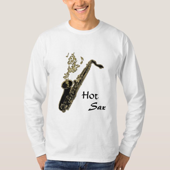 Varm Sax! Guld- musik noter och saxofon Tee Shirt (Framsida)