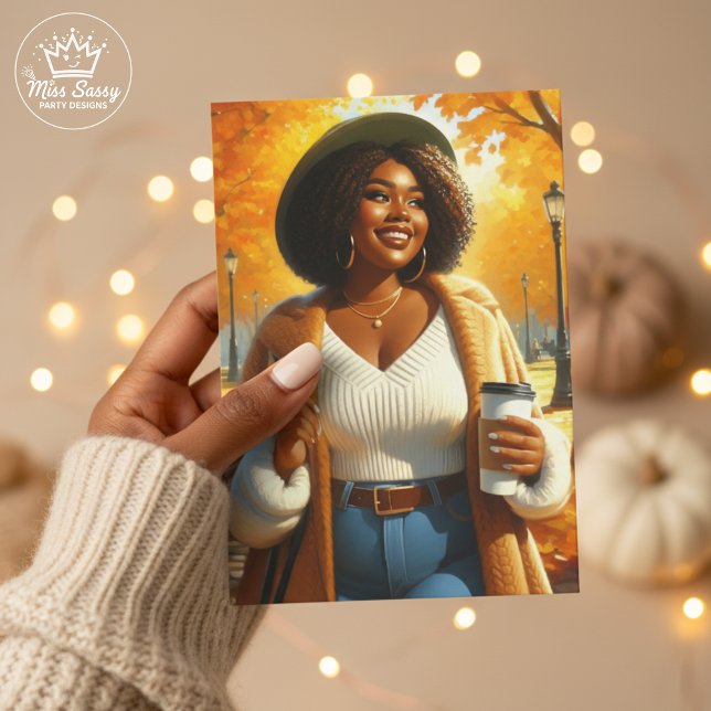 Varm Svart Kvinna Thanksgiving-önskan Kort (Chic Black woman Thanksgiving card with cozy fall leaves, warm vibes, and thankful wishes)