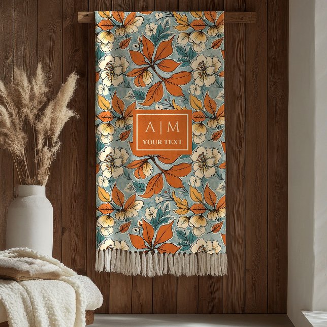 Varm Terrakotta Koppar Pastellgrön Höstblommor  Fleecefilt (Warm Terracotta Copper Pastel Green Fall Flowers Blanket)