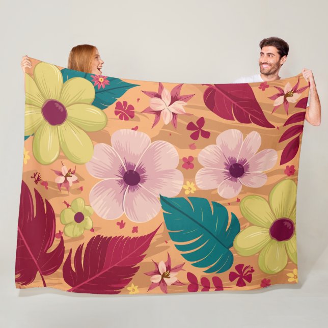 Varm tropisk Blommigt med Red and Grönt Löv Fleecefilt (På plats)