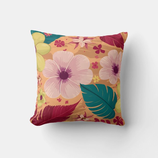 Varm tropisk Blommigt med Red and Grönt Löv Kudde (Framsida)