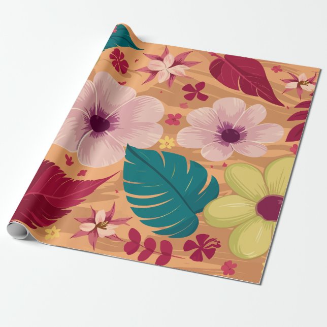 Varm tropisk Blommigt med Red and Grönt Löv Presentpapper (Utrullad)