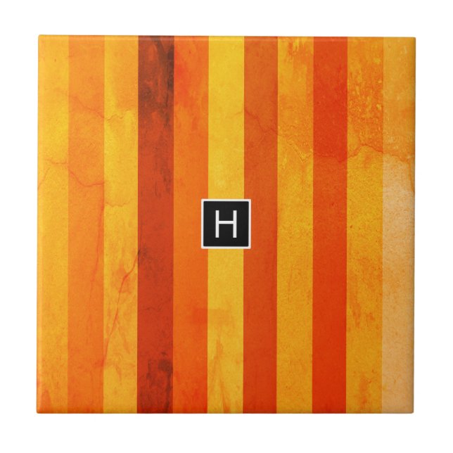 Varm Väderbiten Orange Röda Ränder Monogram Kakelplatta (Framsidan)