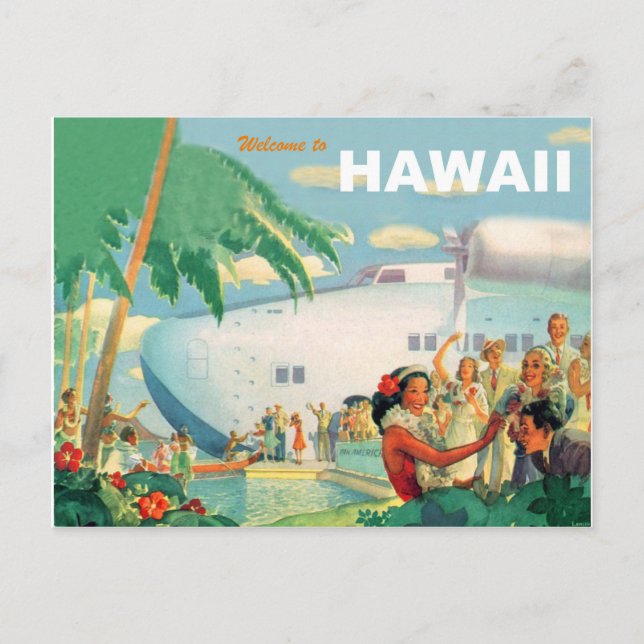 Varm välkomna från Hawaii, vintage flygresa Vykort (Framsida)
