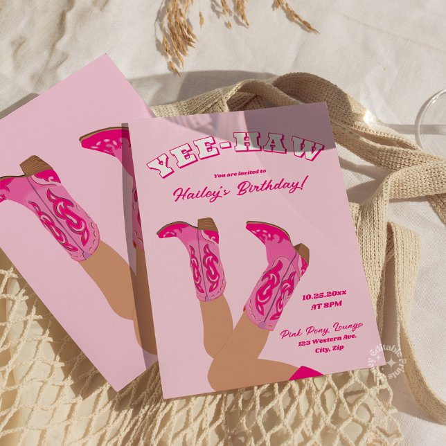Varma rosa cowgirlstövlar födelsedag inbjudningar (pink cowgirl yee-haw birthday invite)