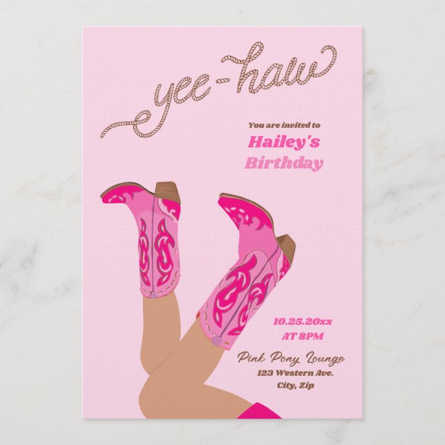 Varma Rosa Cowgirlstövlar Födelsedag Inbjudningar (Framsida)