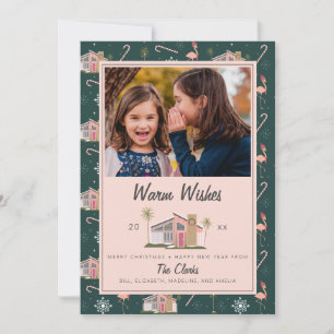 Varmaste önskningar Midcentury Rosa Hus Jul Foto Julkort