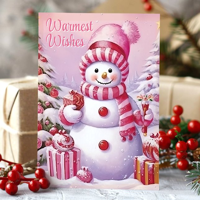 Varmaste önskningar Söt rosa snöman  Helgkort (Skapare uppladdad)