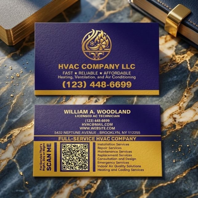 (Värme Kyla, Luftkonditionering) Blue Gold HVAC Visitkort (Professional HVAC Heating & cooling Air Conditioner)